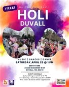 Colorful Holi event flyer showing photos of people celebrating with powder colors, with text announcing a free festival in Duvall featuring music, snacks, and dancing.