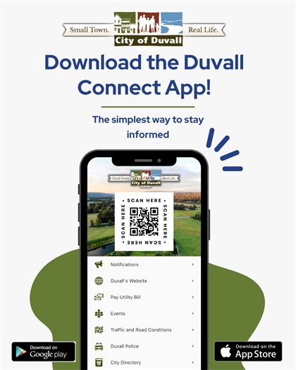 A smartphone displays the Duvall Connect App with a QR code and menu options; Google Play and App Store download buttons are shown below.