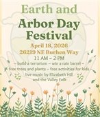  Earth and Arbor Day Festival poster for April 18, 2026, featuring green and orange floral designs. Indicates activities, free plants, and live music.